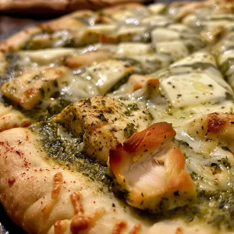 ['Pizza de pollo al pesto con ingredientes frescos y queso fundido.', 'Primer plano de una deliciosa pizza de pollo al pesto.', 'Vista lateral de una pizza de pesto con pollo y queso.', 'Pizza de pollo al pesto con corteza dorada y melty cheese.']