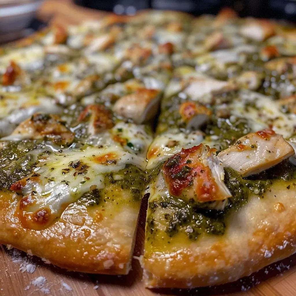 ['Pizza de pollo al pesto con ingredientes frescos y queso fundido.', 'Primer plano de una deliciosa pizza de pollo al pesto.', 'Vista lateral de una pizza de pesto con pollo y queso.', 'Pizza de pollo al pesto con corteza dorada y melty cheese.']