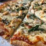 ['Pizza de pollo Alfredo con queso derretido y espinacas.', 'Primer plano de una pizza de pollo Alfredo recién horneada.', 'Deliciosa pizza de pollo Alfredo con ingredientes frescos.', 'Vista lateral de una pizza de pollo Alfredo con toppings coloridos.']