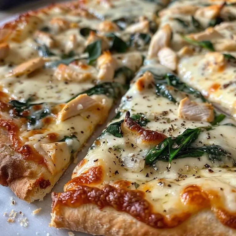 ['Pizza de pollo Alfredo con queso derretido y espinacas.', 'Primer plano de una pizza de pollo Alfredo recién horneada.', 'Deliciosa pizza de pollo Alfredo con ingredientes frescos.', 'Vista lateral de una pizza de pollo Alfredo con toppings coloridos.']
