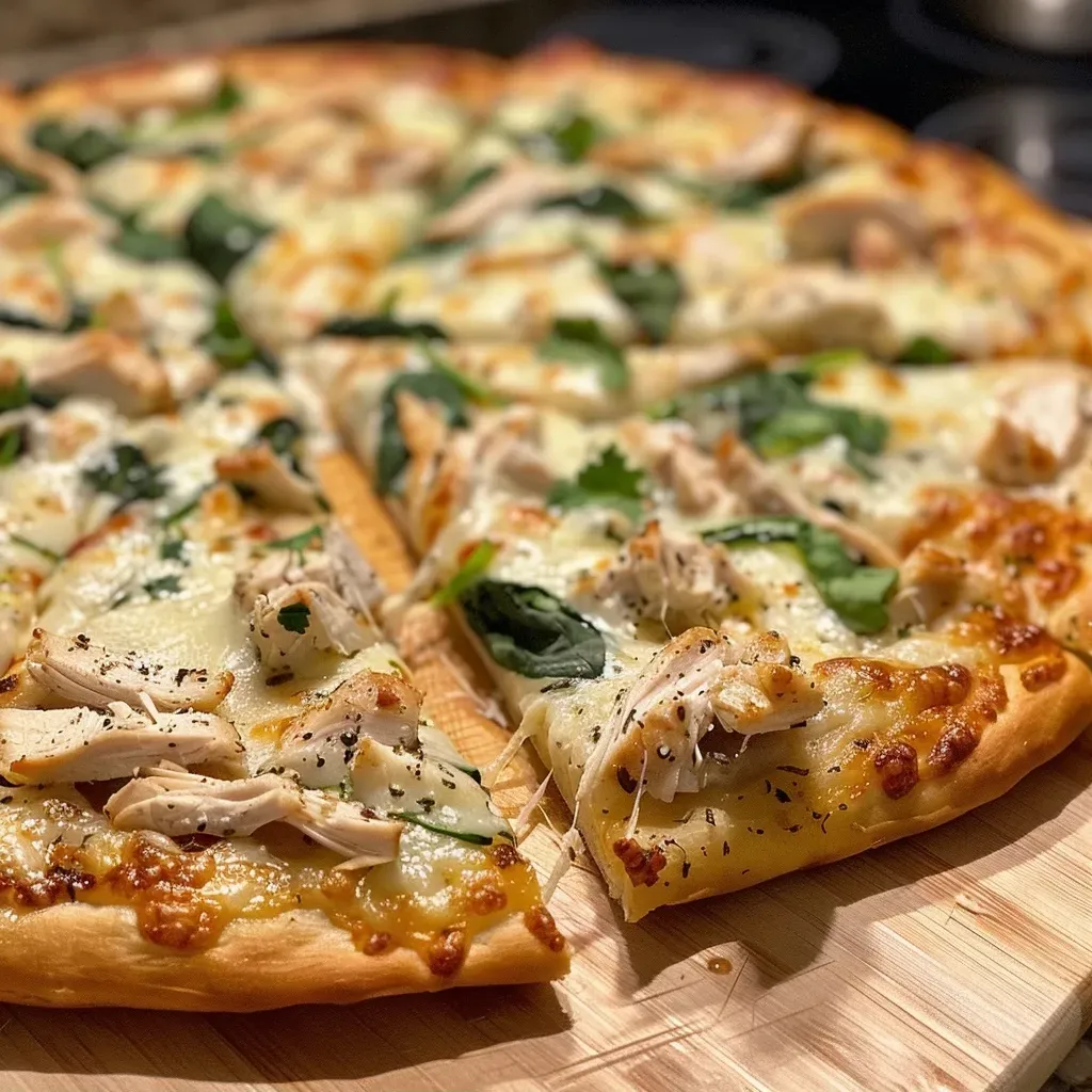 Pizza de pollo Alfredo con queso derretido y espinacas.