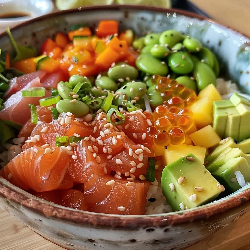 ['Poke bowl colorido con pescado crudo y vegetales frescos.', 'Primer plano de un poke bowl lleno de ingredientes saludables.', 'Poke bowl con arroz, aguacate y toppings variados.', 'Vista lateral de un poke bowl preparado con atún y edamame.']