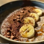 ['Porridge de avena con plátano y cacao, listo para disfrutar.', 'Bowl de porridge fit con ingredientes saludables como plátano y cacao.', 'Primer plano de un delicioso porridge de avena con trozos de plátano.', 'Porridge de avena con cacao y plátano, presentado de manera apetitosa.']