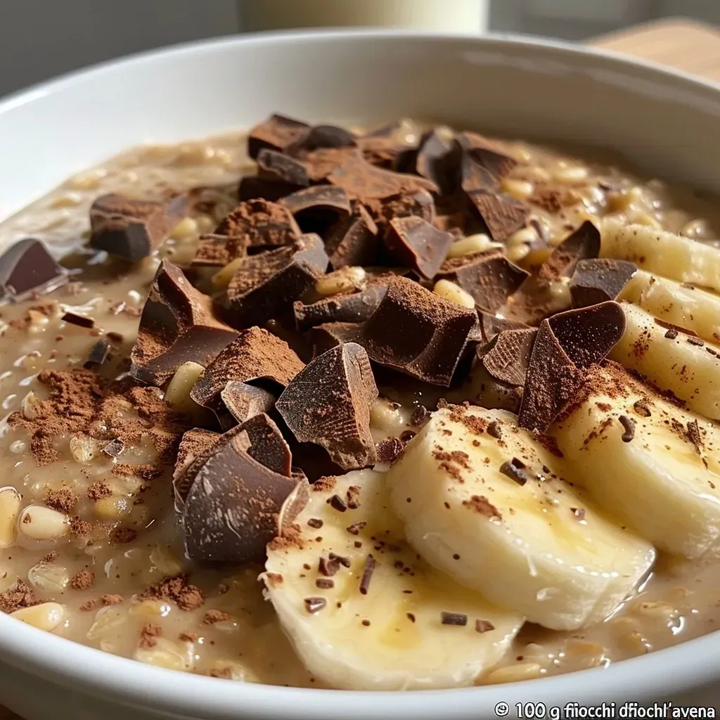['Porridge de avena con plátano y cacao, listo para disfrutar.', 'Bowl de porridge fit con ingredientes saludables como plátano y cacao.', 'Primer plano de un delicioso porridge de avena con trozos de plátano.', 'Porridge de avena con cacao y plátano, presentado de manera apetitosa.']