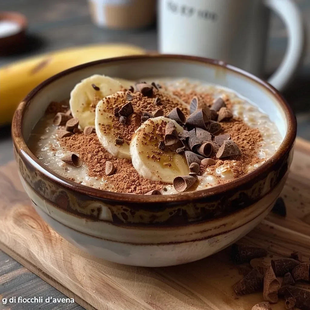 ['Porridge de avena con plátano y cacao en un tazón.', 'Tazón de avena con rodajas de plátano y espolvoreado de cacao.', 'Close-up de un delicioso porridge de avena con frutas y chocolate.', 'Vista lateral de porridge fit de avena, plátano y cacao.']
