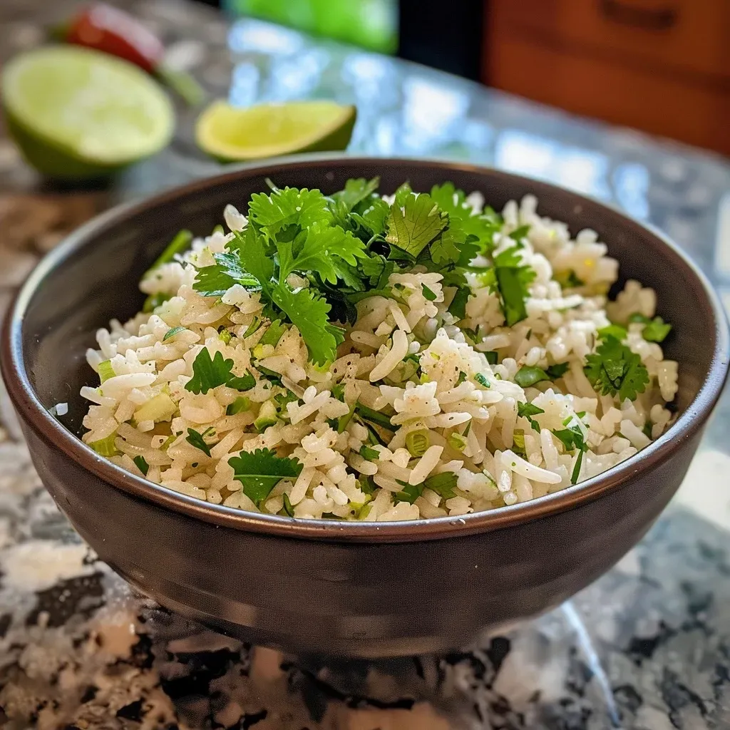 ['Tazón de arroz con cilantro y lima acompañado de pollo y vegetales.', 'Primer plano de un plato de arroz con pollo, cilantro y lima.', 'Receta de arroz con cilantro y lima presentada en un tazón con pollo.', 'Arroz con lima y pollo con toppings frescos como aguacate y tomate.']