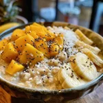 ['Tazón de avena con coco, frutas frescas y toppings.', 'Receta de avena con coco, presentada con mango, naranja y plátano.', 'Avena cremosa con leche de coco y decoraciones de frutas.', 'Close up de avena con ingredientes tropicales y toppings opcionales.']