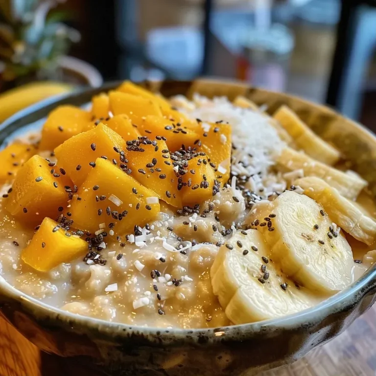 ['Tazón de avena con coco, frutas frescas y toppings.', 'Receta de avena con coco, presentada con mango, naranja y plátano.', 'Avena cremosa con leche de coco y decoraciones de frutas.', 'Close up de avena con ingredientes tropicales y toppings opcionales.']