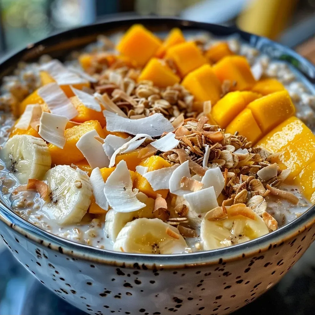 ['Tazón de avena con coco, frutas frescas y toppings.', 'Receta de avena con coco, presentada con mango, naranja y plátano.', 'Avena cremosa con leche de coco y decoraciones de frutas.', 'Close up de avena con ingredientes tropicales y toppings opcionales.']