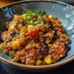 ['Plato de quinoa mexicana con ingredientes frescos.', 'Receta de quinoa mexicana lista para servir.', 'Close up de quinoa mexicana con vegetales coloridos.', 'Quinoa mexicana con frijoles y especias en un tazón.']
