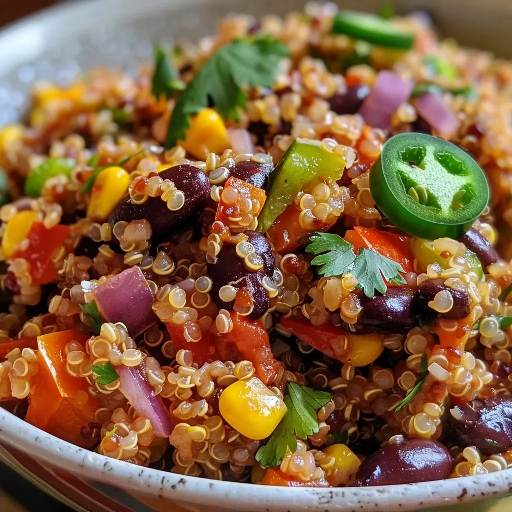 ['Plato de quinoa mexicana con ingredientes frescos.', 'Receta de quinoa mexicana lista para servir.', 'Close up de quinoa mexicana con vegetales coloridos.', 'Quinoa mexicana con frijoles y especias en un tazón.']