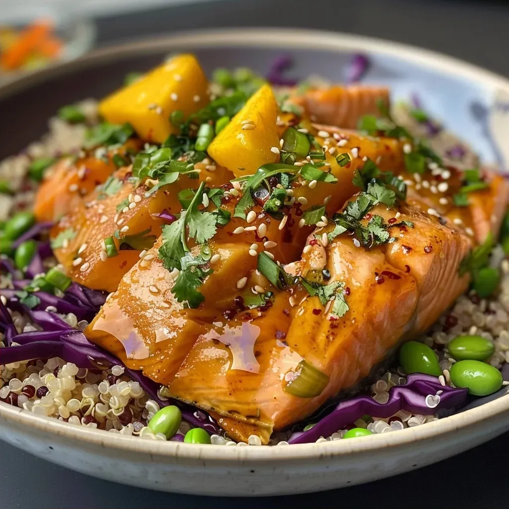 ['Tazón de salmón con quinoa, mostrando ingredientes frescos y coloridos.', 'Ensalada de quinua con salmón, mango y vegetales frescos en un tazón.', 'Primer plano de un tazón de quinoa con salmón y verduras.', 'Receta de salmón con quinoa, presentando ingredientes vibrantes y saludables.']