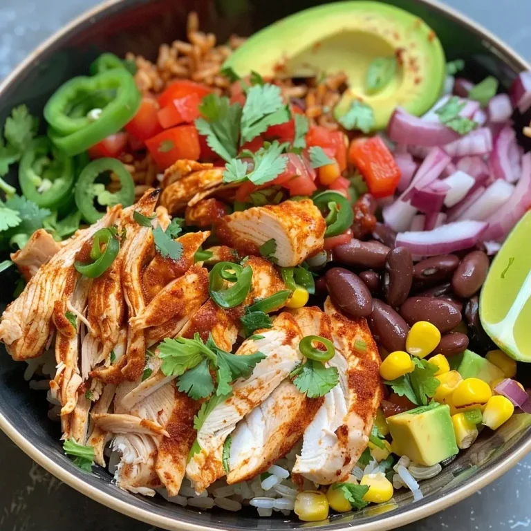 ['Tazón de burrito con pollo chipotle, arroz y vegetales frescos.', 'Primer plano de un burrito bowl con pollo sazonado, frijoles y aguacate.', 'Vista lateral de un plato de burrito con ingredientes coloridos y jugosos.', 'Bowl de burrito fácil con pollo, arroz, frijoles y toppings frescos.']