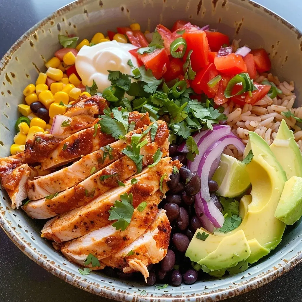 ['Tazón de burrito con pollo chipotle, arroz y vegetales frescos.', 'Primer plano de un burrito bowl con pollo sazonado, frijoles y aguacate.', 'Vista lateral de un plato de burrito con ingredientes coloridos y jugosos.', 'Bowl de burrito fácil con pollo, arroz, frijoles y toppings frescos.']