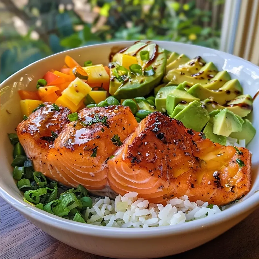 ['Tazón de salmón jugoso acompañado de vegetales frescos.', 'Delicioso bowl de salmón con ingredientes saludables.', 'Primer plano de un salmón bowl colorido y nutritivo.', 'Vista lateral de un tazón de salmón con guarniciones variadas.']