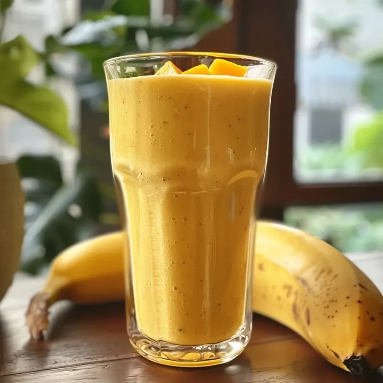 ['Smoothie de banana y mango en un vaso transparente.', 'Close up de un smoothie colorido de banana y mango.', 'Vaso de smoothie con ingredientes de banana y mango al lado.', 'Delicioso smoothie de banana y mango servido frío.']
