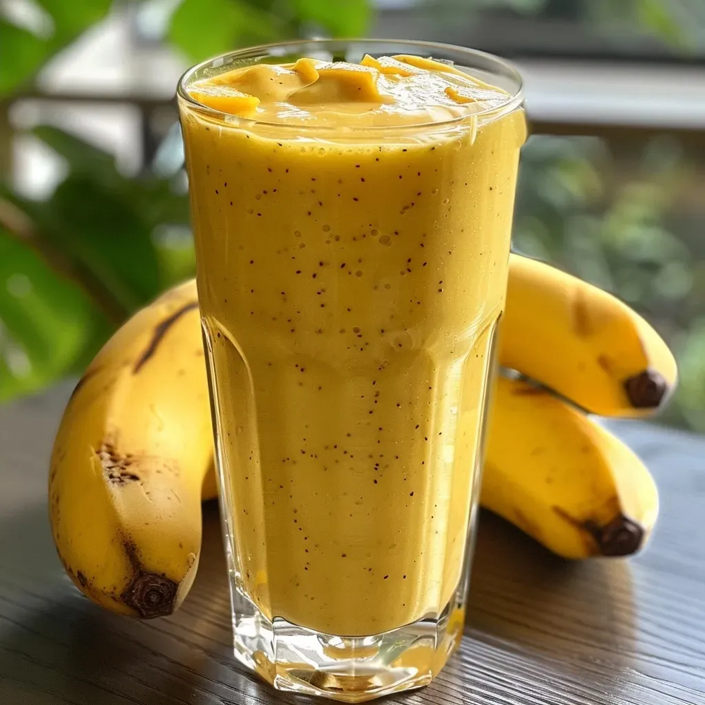 ['Smoothie de banana y mango en un vaso transparente.', 'Close up de un smoothie colorido de banana y mango.', 'Vaso de smoothie con ingredientes de banana y mango al lado.', 'Delicioso smoothie de banana y mango servido frío.']