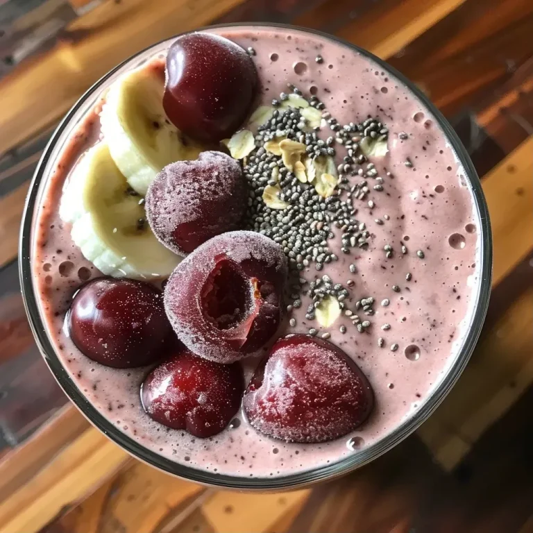 ['Smoothie de cerezas fácil en un vaso.', 'Close up de un smoothie de cerezas con ingredientes frescos.', 'Detalle de un batido de cerezas servido con banana.', 'Smoothie de cerezas decorado con hemp hearts.']