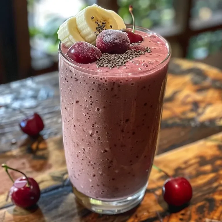 ['Smoothie de cereza en un vaso, visto de lado.', 'Primer plano de un smoothie de cerezas con ingredientes frescos.', 'Vaso de smoothie de cerezas con un color intenso y cremoso.', 'Smoothie de cereza y plátano en un vaso, decorado y apetitoso.']