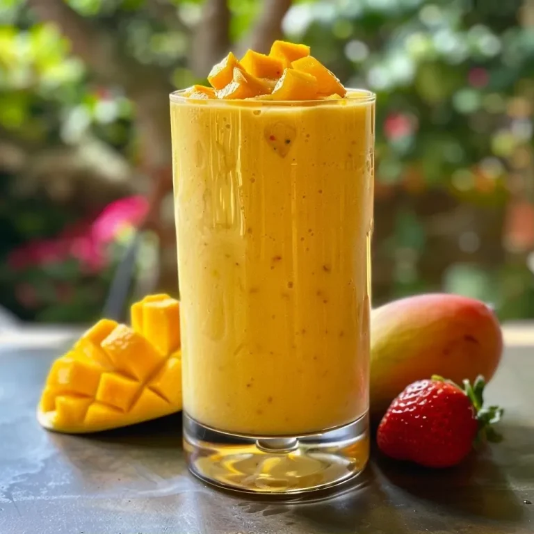 ['Smoothie fresco de fresa y mango en vaso.', 'Primer plano de un smoothie de fresa y mango.', 'Bebida saludable de fresa y mango en un vaso.', 'Smoothie de frutas colorido en un fondo claro.']