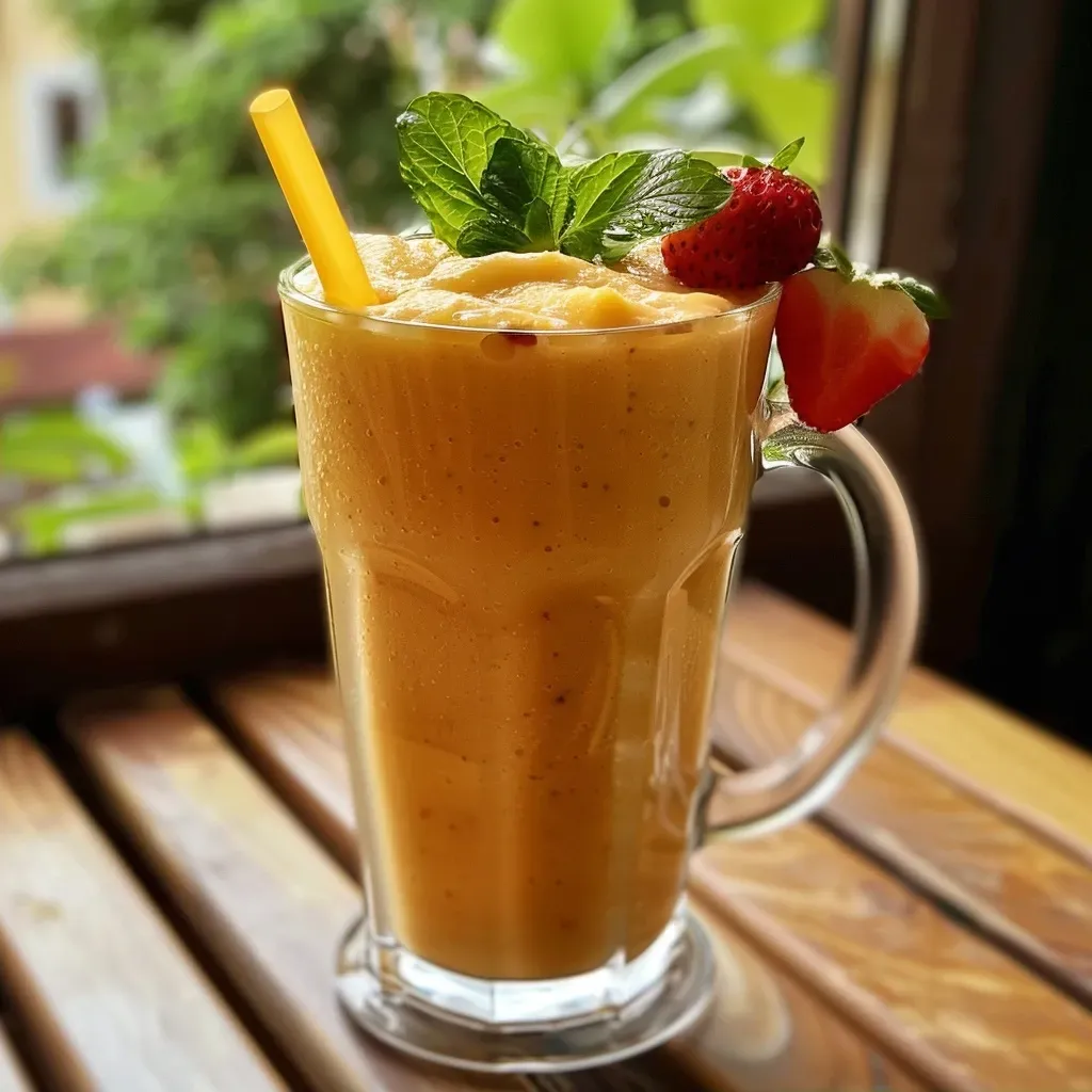 ['Smoothie fresco de fresa y mango en vaso.', 'Primer plano de un smoothie de fresa y mango.', 'Bebida saludable de fresa y mango en un vaso.', 'Smoothie de frutas colorido en un fondo claro.']