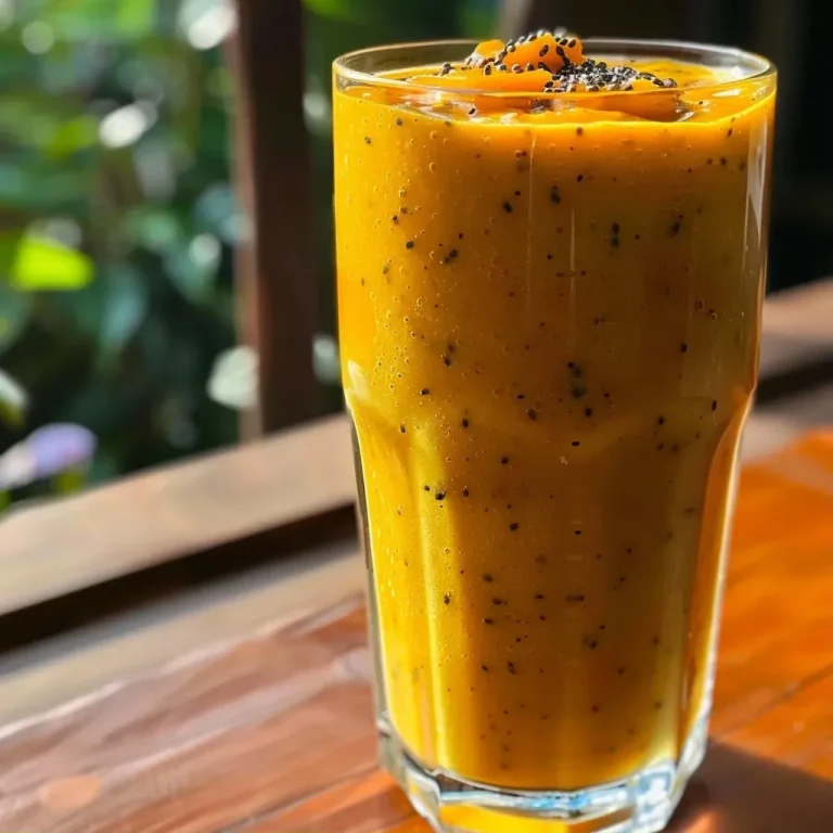 ['Smoothie de mango con cúrcuma y jengibre en un vaso.', 'Primer plano de un jugo de mango con fruta de la pasión y especias.', 'Vaso de smoothie de mango, cúrcuma y jengibre en detalle.', 'Bebida refrescante de mango y cúrcuma presentada en un vaso.']