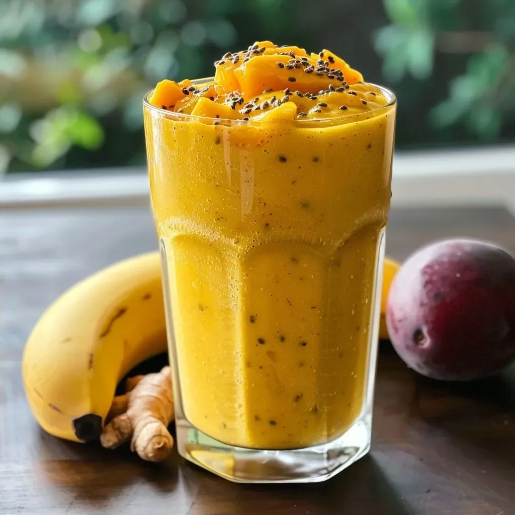 ['Smoothie de mango con cúrcuma y jengibre en un vaso.', 'Primer plano de un jugo de mango con fruta de la pasión y especias.', 'Vaso de smoothie de mango, cúrcuma y jengibre en detalle.', 'Bebida refrescante de mango y cúrcuma presentada en un vaso.']