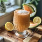 ['Batido de melón y coco en un vaso.', 'Smoothie de melón con leche de coco.', 'Imagen cercana de batido de muskmelon y coco.', 'Smoothie refrescante de muskmelon y coco.']