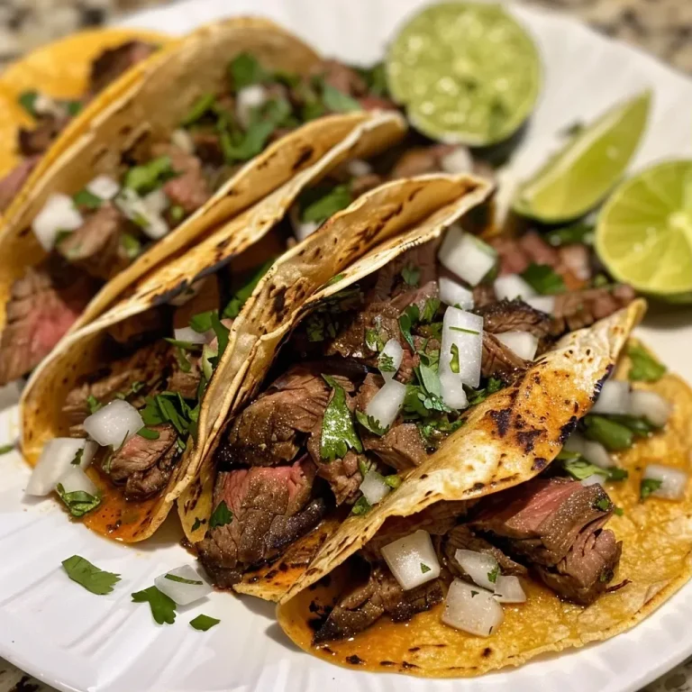 ['Tacos de bistec jugosos servidos con cebolla y cilantro.', 'Tacos de bistec coloridos con salsa verde y ingredientes frescos.', 'Primer plano de tacos de bistec en tortillas de maíz.', 'Tacos de bistec acompañados de vegetales y salsas.']