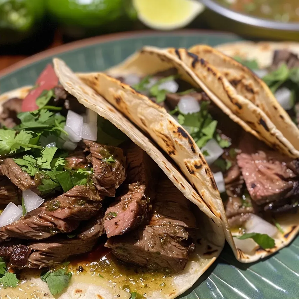 ['Tacos de Bistec jugosos con cilantro y cebolla.', 'Platos de Tacos de Bistec listos para servir.', 'Primer plano de Tacos de Bistec con salsa.', 'Tacos de Bistec con ingredientes frescos al lado.']