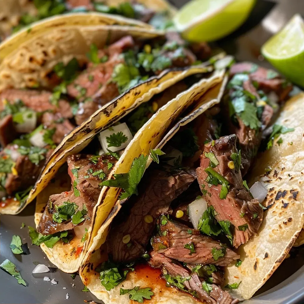 ['Tacos de bistec jugosos servidos con cebolla y cilantro.', 'Tacos de bistec coloridos con salsa verde y ingredientes frescos.', 'Primer plano de tacos de bistec en tortillas de maíz.', 'Tacos de bistec acompañados de vegetales y salsas.']