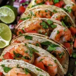 ['Tacos de camarones al cilantro y lima con ingredientes frescos.', 'Primer plano de tacos de camarones con cilantro y lima.', 'Tacos de camarones jugosos con toppings coloridos.', 'Tacos de camarones al cilantro servidos en tortillas de maíz.']