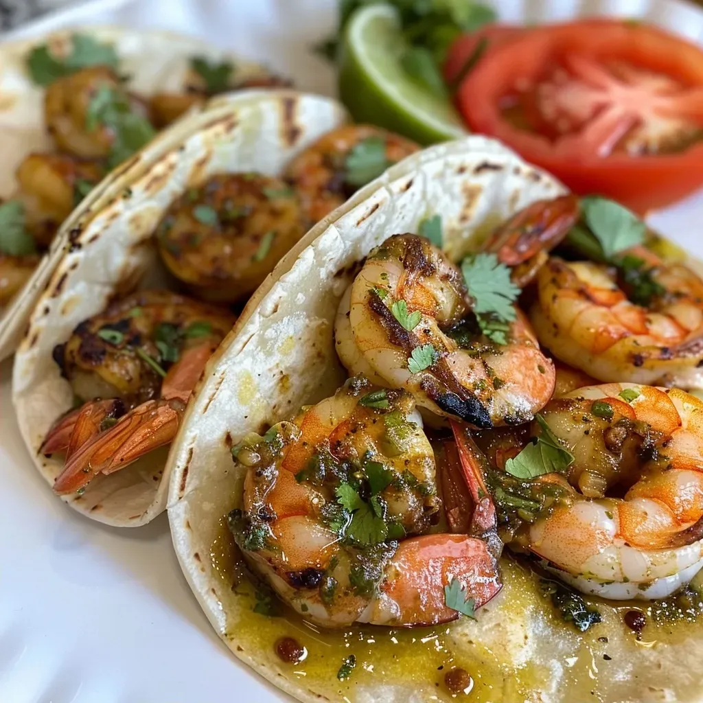 ['Tacos de camarones al cilantro y lima con ingredientes frescos.', 'Primer plano de tacos de camarones con cilantro y lima.', 'Tacos de camarones jugosos con toppings coloridos.', 'Tacos de camarones al cilantro servidos en tortillas de maíz.']