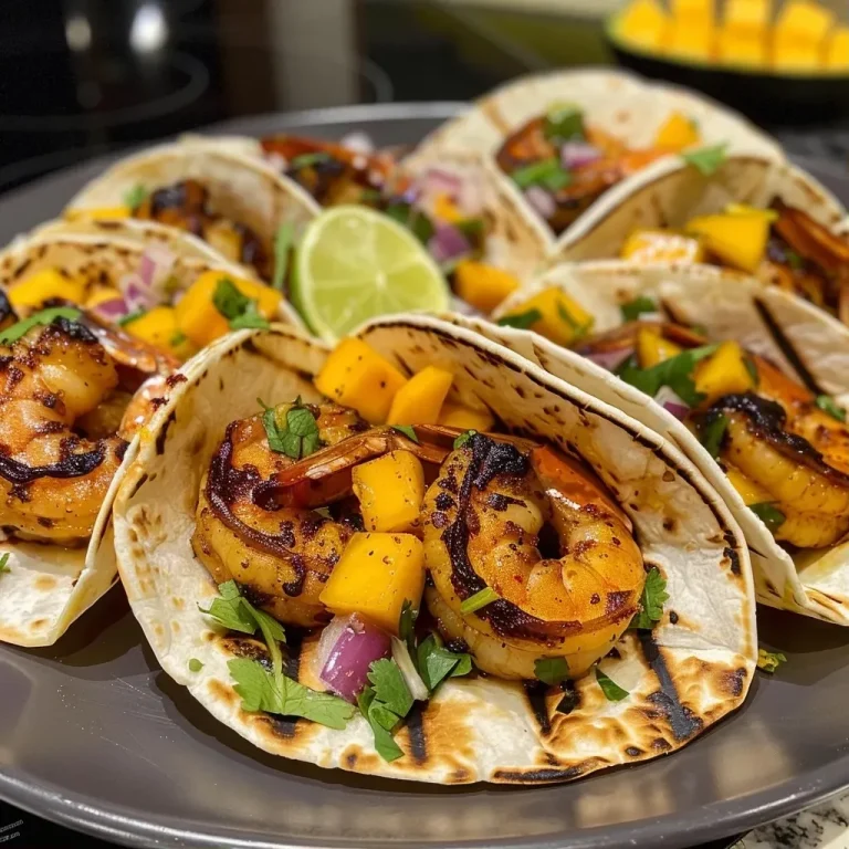 ['Tacos de camarones picantes con salsa de mango.', 'Tacos de camarones servidos con ingredientes frescos.', 'Primer plano de tacos de camarones y mango.', 'Tacos de camarones con salsa de mango en tortillas.']