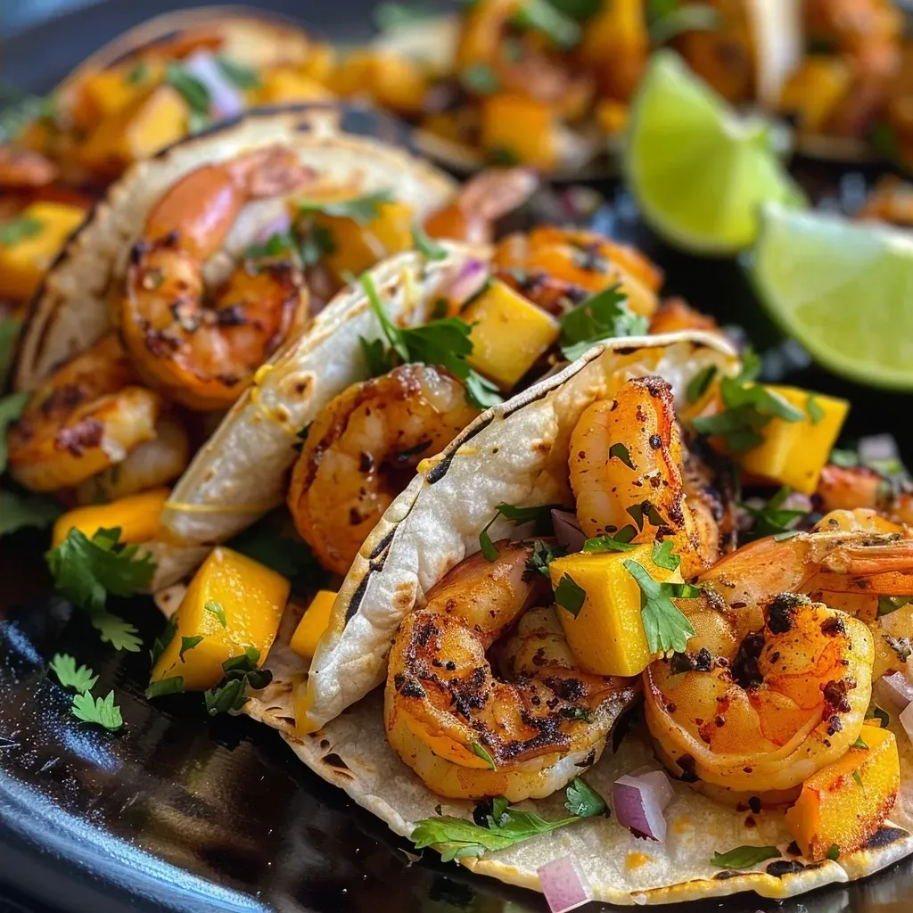 ['Tacos de camarones picantes con salsa de mango.', 'Tacos de camarones servidos con ingredientes frescos.', 'Primer plano de tacos de camarones y mango.', 'Tacos de camarones con salsa de mango en tortillas.']