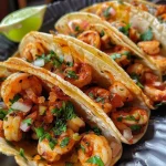 ['Tacos de camarones con salsa de mango en un plato.', 'Primer plano de tacos de camarones con guarniciones frescas.', 'Tacos de camarones preparados con salsa de mango y vegetales.', 'Tacos de camarones servidos con rodajas de lima y cilantro.']