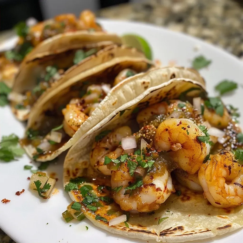 ['Tacos de camarones con salsa de mango en un plato.', 'Primer plano de tacos de camarones con guarniciones frescas.', 'Tacos de camarones preparados con salsa de mango y vegetales.', 'Tacos de camarones servidos con rodajas de lima y cilantro.']