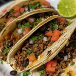 ['Tacos de carne molida y arroz con ingredientes frescos.', 'Tacos Tex-Mex con carne, arroz y frijoles negros.', 'Tacos jugosos de carne molida y toppings coloridos.', 'Vista lateral de tacos de carne molida y arroz servidos.']