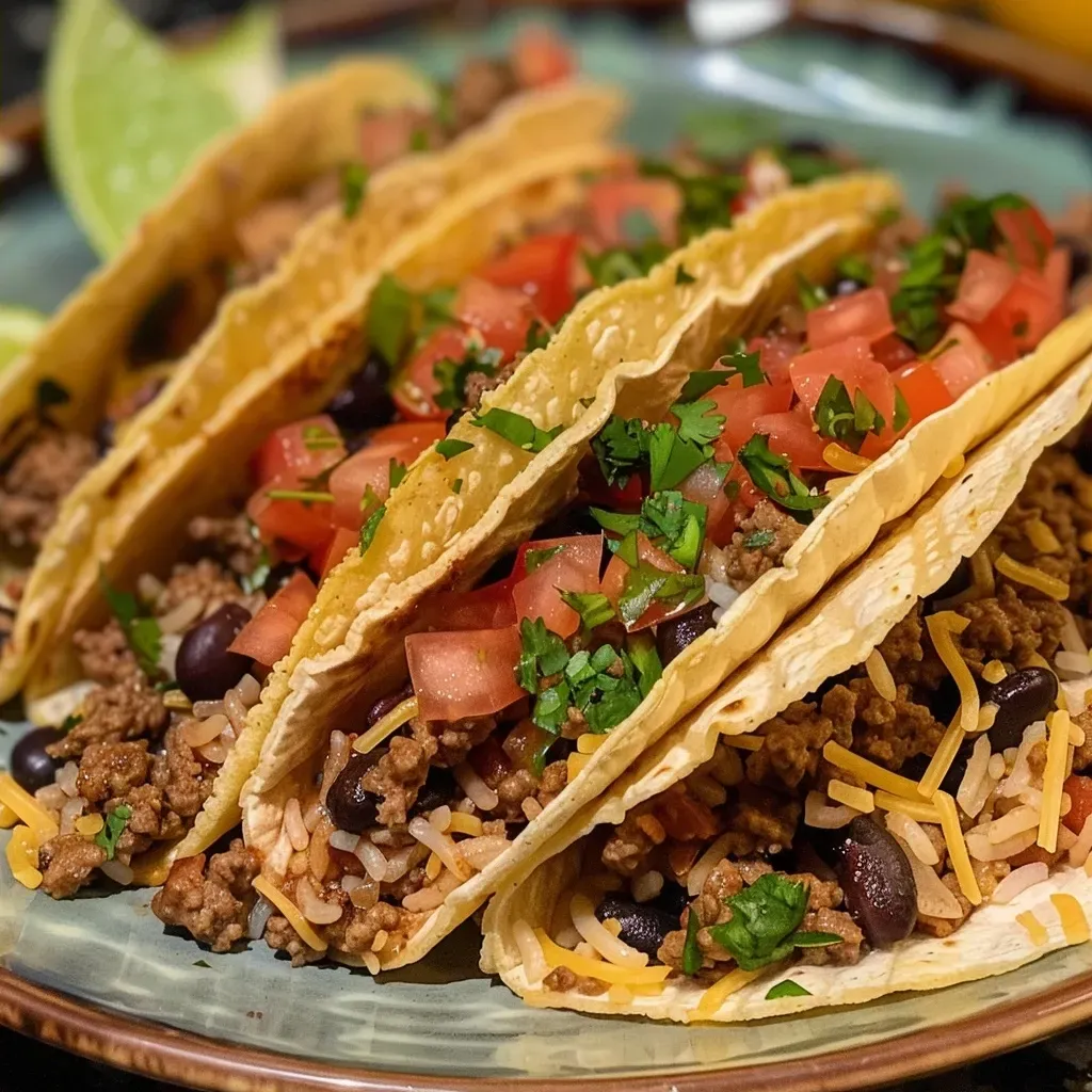 ['Tacos de carne molida y arroz con ingredientes frescos.', 'Tacos Tex-Mex con carne, arroz y frijoles negros.', 'Tacos jugosos de carne molida y toppings coloridos.', 'Vista lateral de tacos de carne molida y arroz servidos.']