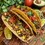 ['Tazón de tacos con carne molida y quinoa, rodeado de ingredientes frescos.', 'Vista lateral de un tazón con tacos de carne molida y quinoa, decorado con verduras.', 'Tazón lleno de tacos de carne molida y quinoa, listo para servir.', 'Detalle de un tazón de quinoa y carne molida, acompañado de guarniciones frescas.']