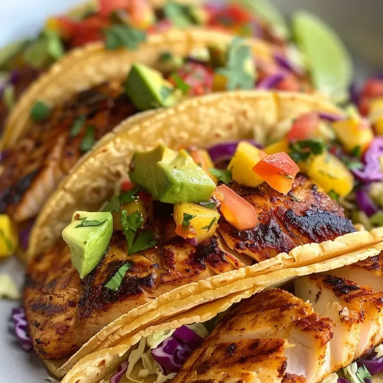 ['Tacos de Mahi Mahi con salsa de piña y mango.', 'Primer plano de tacos de Mahi Mahi con ingredientes frescos.', 'Vista lateral de tacos de Mahi Mahi listos para servir.', 'Tacos de Mahi Mahi acompañados de guarniciones coloridas.']