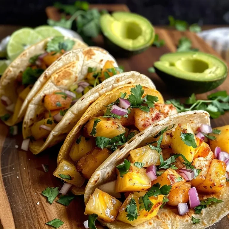 ['Tacos de pescado con salsa de piña y guarniciones.', 'Primer plano de deliciosos tacos de pescado.', 'Tacos de pescado servidos con salsa de piña fresca.', 'Tacos de pescado en tortillas con salsa y aguacate.']