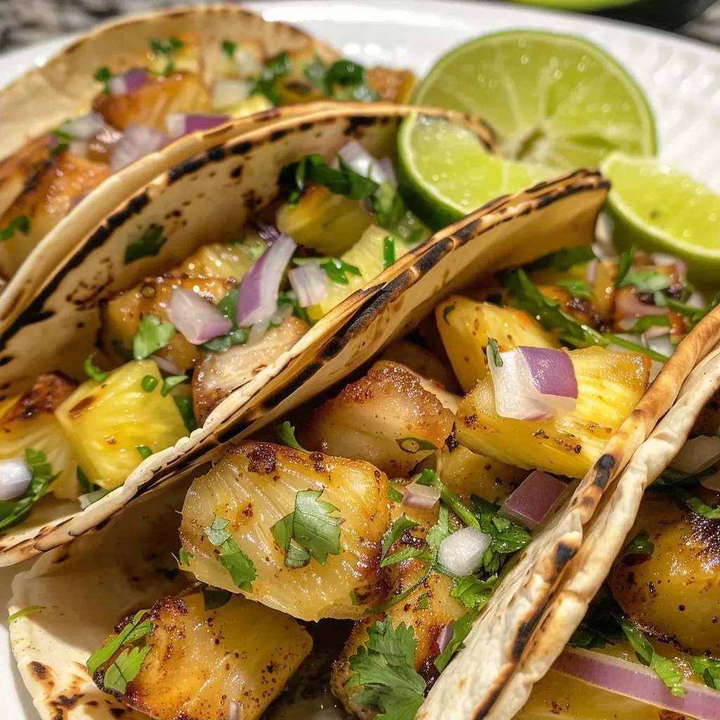 ['Tacos de pescado con salsa de piña y guarniciones.', 'Primer plano de deliciosos tacos de pescado.', 'Tacos de pescado servidos con salsa de piña fresca.', 'Tacos de pescado en tortillas con salsa y aguacate.']