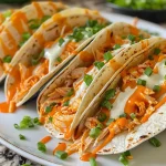 ['Tacos de pollo Buffalo jugosos en una mesa.', 'Vista lateral de tacos de pollo Buffalo listos para servir.', 'Tacos de pollo Buffalo con salsa y queso cheddar.', 'Tacos de pollo Buffalo decorados con cebollín.']