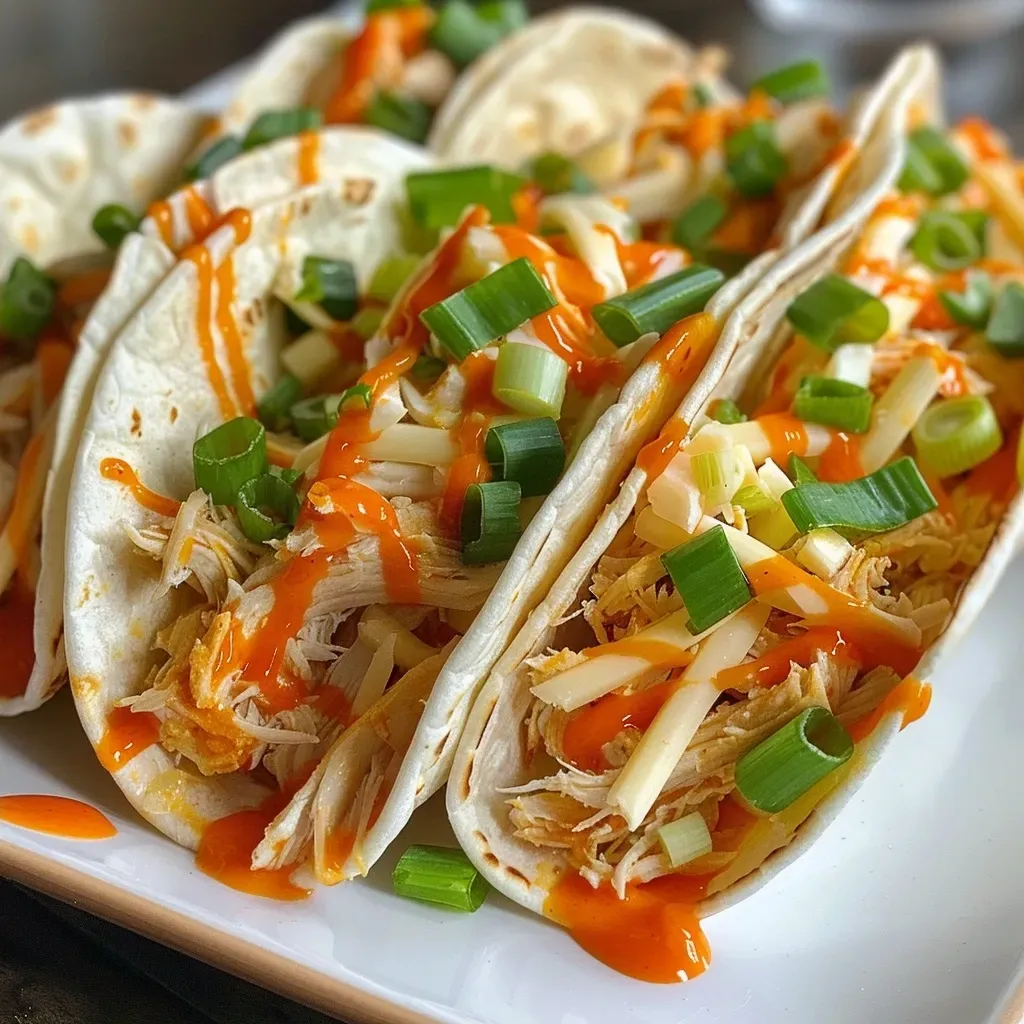 ['Tacos de pollo Buffalo jugosos servidos en tortillas pequeñas.', 'Primer plano de tacos de pollo Buffalo con ingredientes frescos.', 'Tacos de pollo Buffalo con col y zanahoria rallada.', 'Deliciosos tacos de pollo Buffalo listos para disfrutar.']