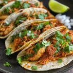 ['Tacos de pollo callejeros jugosos en un plato.', 'Primer plano de tacos de pollo servidos con limón.', 'Tacos de pollo desmenuzado con cebolla y cilantro.', 'Tacos callejeros de pollo con tortillas de maíz.']