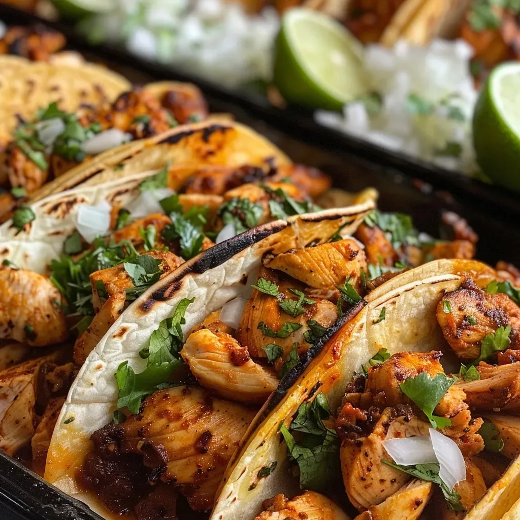['Tacos de pollo callejeros jugosos en un plato.', 'Primer plano de tacos de pollo servidos con limón.', 'Tacos de pollo desmenuzado con cebolla y cilantro.', 'Tacos callejeros de pollo con tortillas de maíz.']