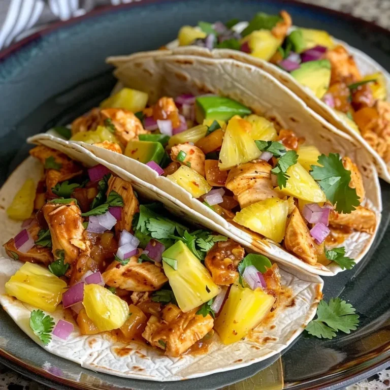 ['Tacos de pollo con piña y chipotle en un plato.', 'Primer plano de tacos de pollo con piña y salsa de chipotle.', 'Tacos de pollo jugosos con trozos de piña y guarniciones.', 'Tacos de pollo al chipotle con cilantro y cebolla roja.']