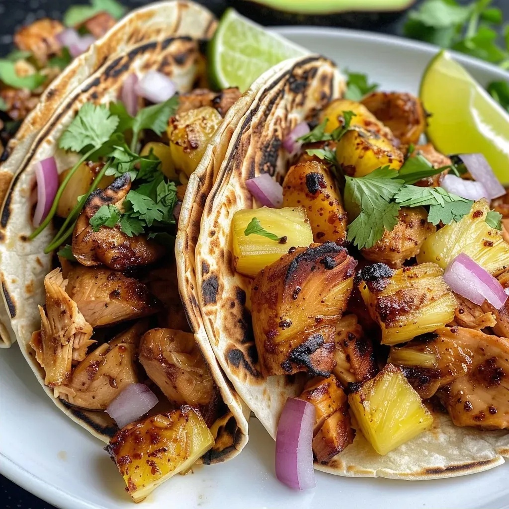 Tacos de pollo con piña y chipotle en un plato.