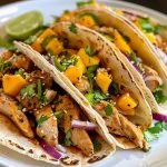 ['Tacos de pollo pegajoso con salsa brillante y ingredientes frescos.', 'Close-up de tacos rellenos de pollo, mango y cilantro.', 'Vista lateral de tacos de pollo jugosos con salsa y guarniciones.', 'Tacos de pollo pegajoso decorados con semillas de sésamo.']